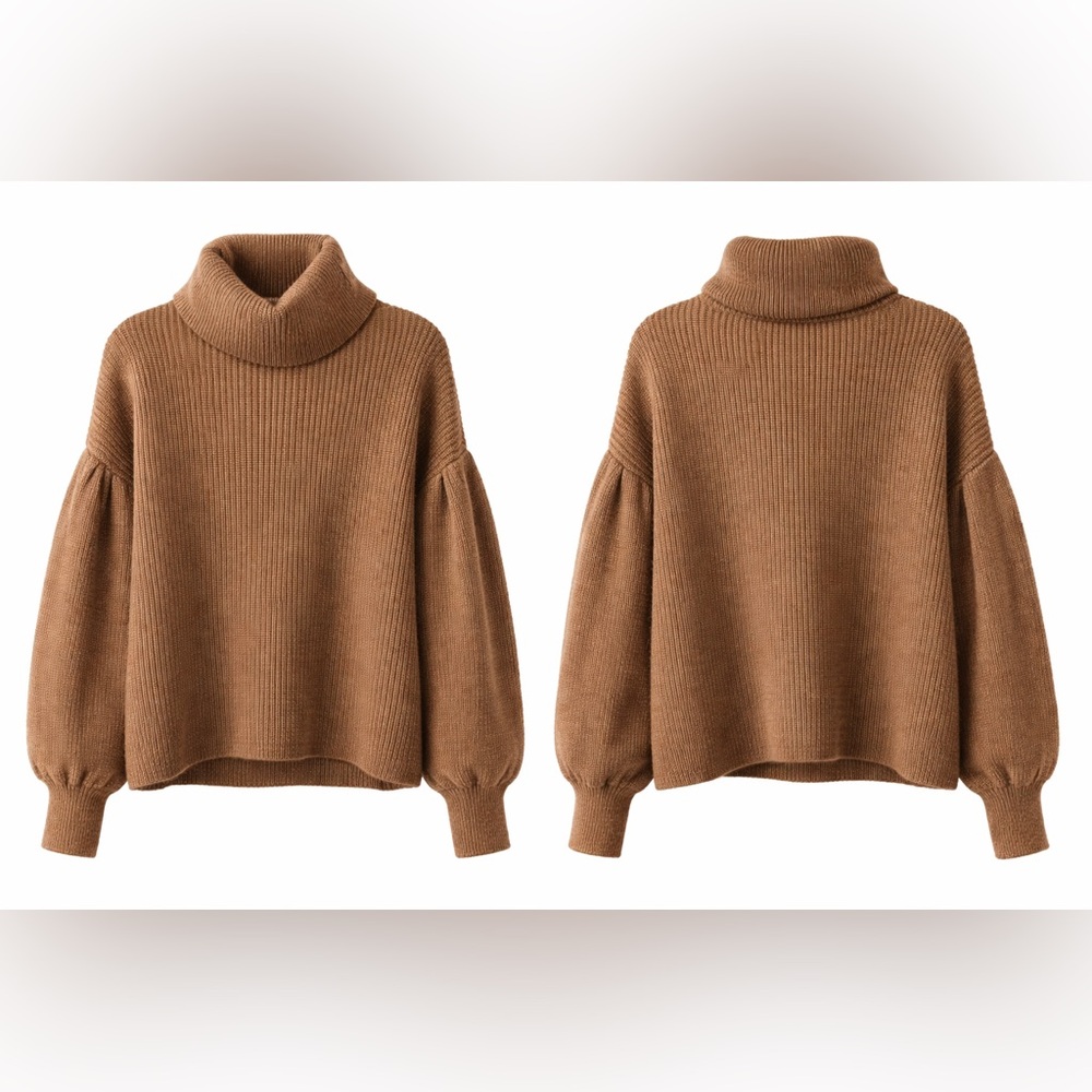 NWOT Camel Brown CUPCAKE CLOTHING Turtleneck Sweater M Balloon Sleeve Cozy Knit - Picture 2 of 10